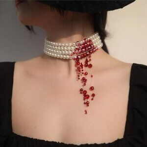 “Vampire Bite” Elegant Blood Droplets Pearl Collar Dripping Red Crystal Choker